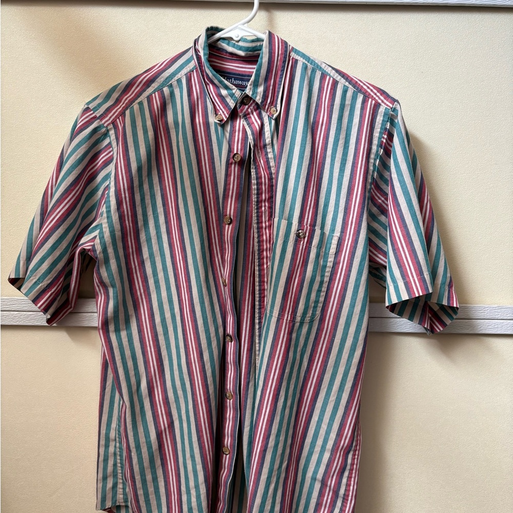 Lands' End Men's Striped Button Down Shirt - Red, Green, White